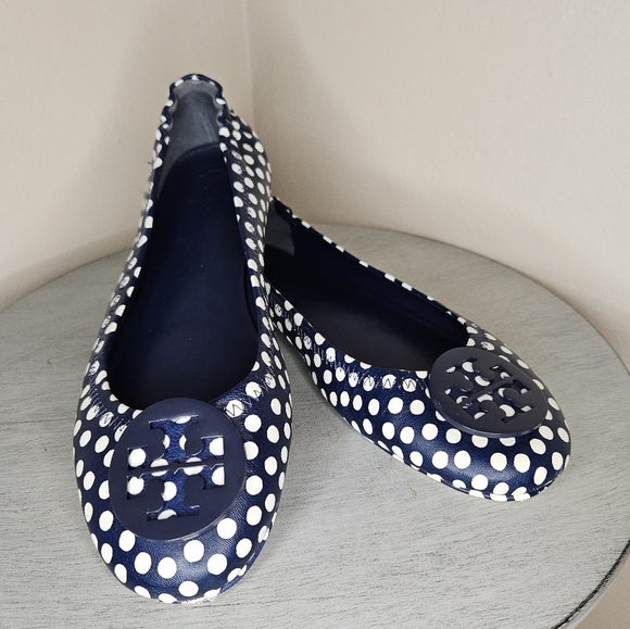 Tory Burch Blue and White Polka Dot Minnie Flats - Picture 1 of 9